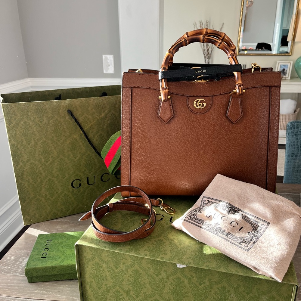 Gucci Diana Large Brown Leather Tote with Bamboo Handles